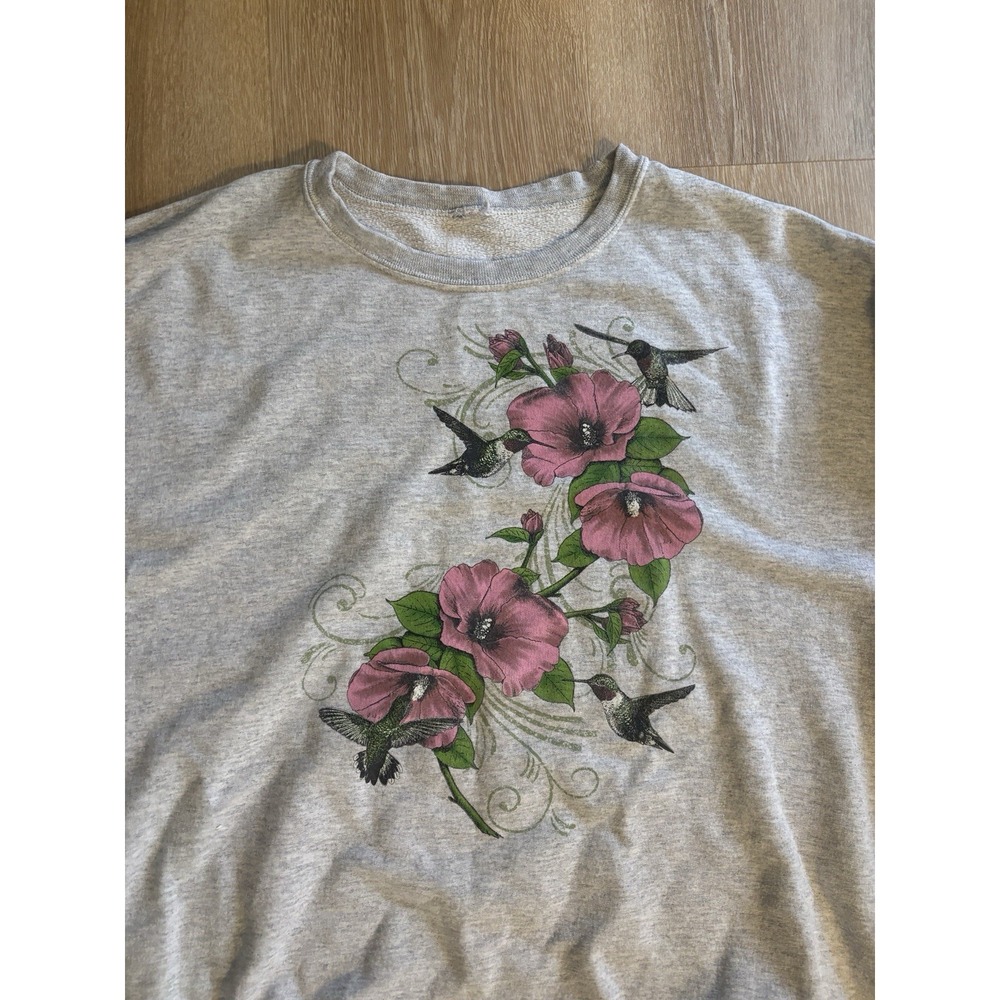 VTG 90s Hummingbird Floral Sweatshirt XL Heather Grey Pink Flowers Cottagecore